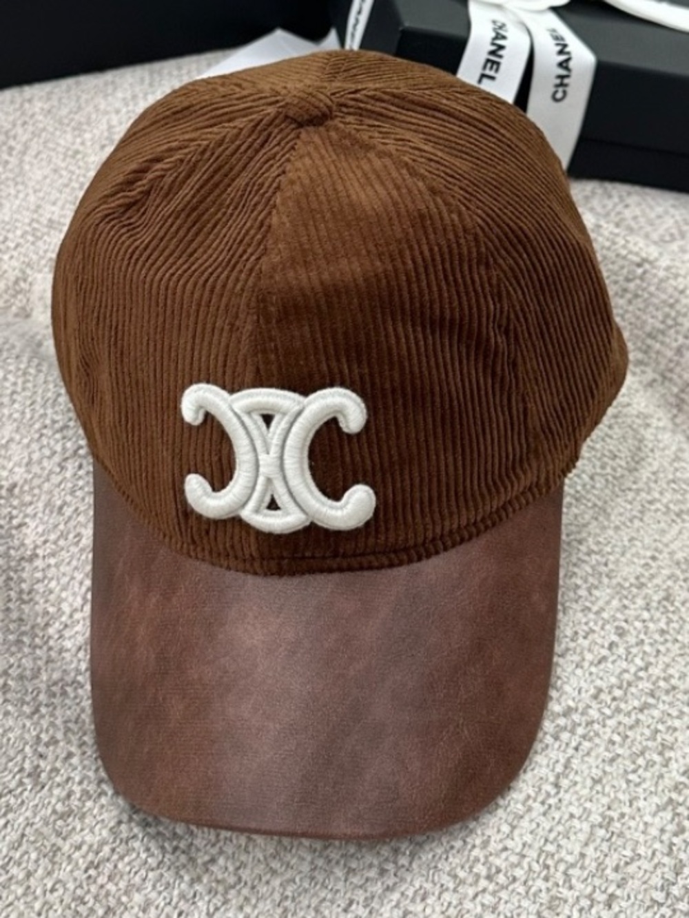 Celine. Chocolate Brown Corduroy Triomphe Logo Hat Cap